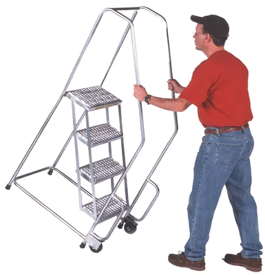 Ballymore Tilt & Roll 3-Step Aluminum Rolling Ladder, 20" base, 10" top step, with handrails