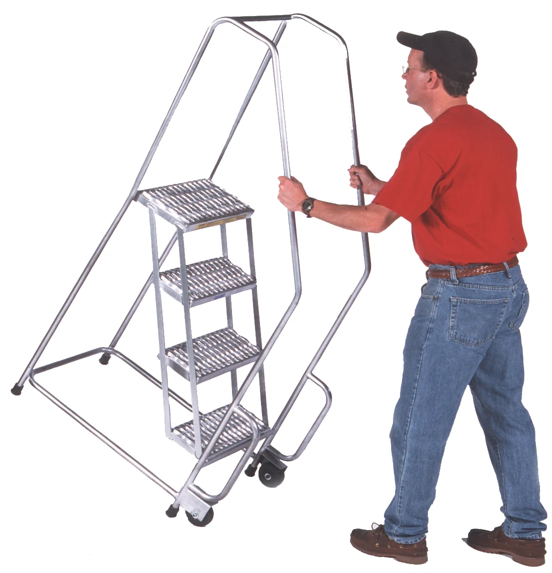 Ballymore Tilt & Roll 4-Step Aluminum Rolling Ladder, 20" base, 10" top step, with handrails