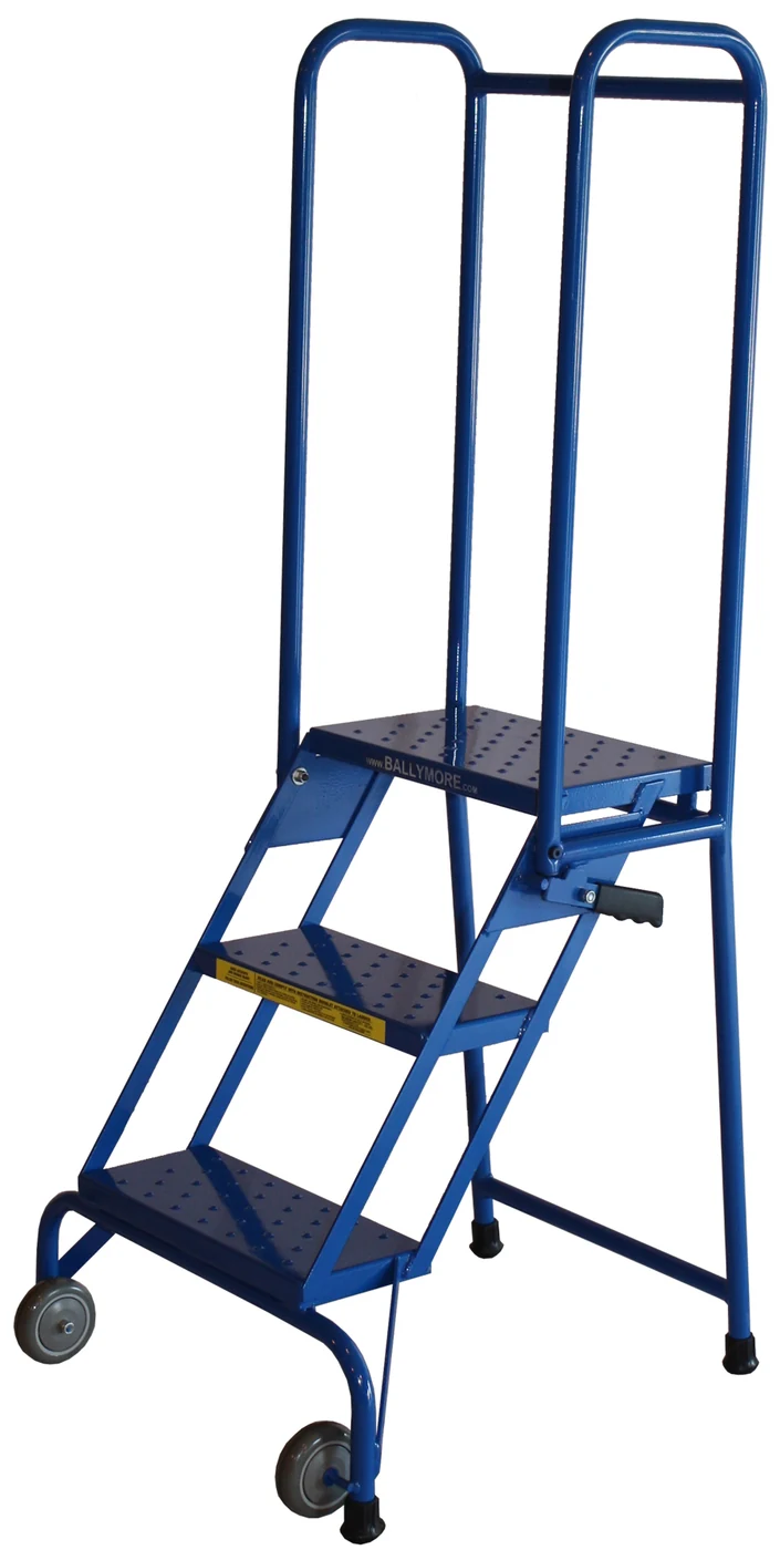 Ballymore Lock-N-Stock 3-Step Aluminum Rolling Ladder, 24" base, 10" top step, perforated tread, factory setup