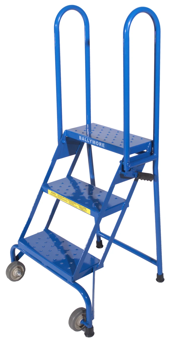 Ballymore Lock-N-Stock 3-Step Aluminum Rolling Ladder, 24" base, 7" top step, perforated tread, factory setup