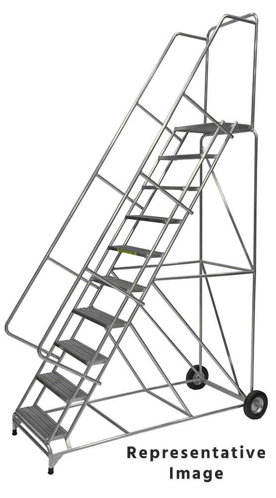 Ballymore 10-Step Aluminum Rolling Ladder, 30" base, 28" top step, 24" wide steps, 02" wide steps