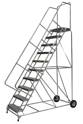 Ballymore 10-Step Aluminum Rolling Ladder, 36" base, 14" top step, 18" wide steps