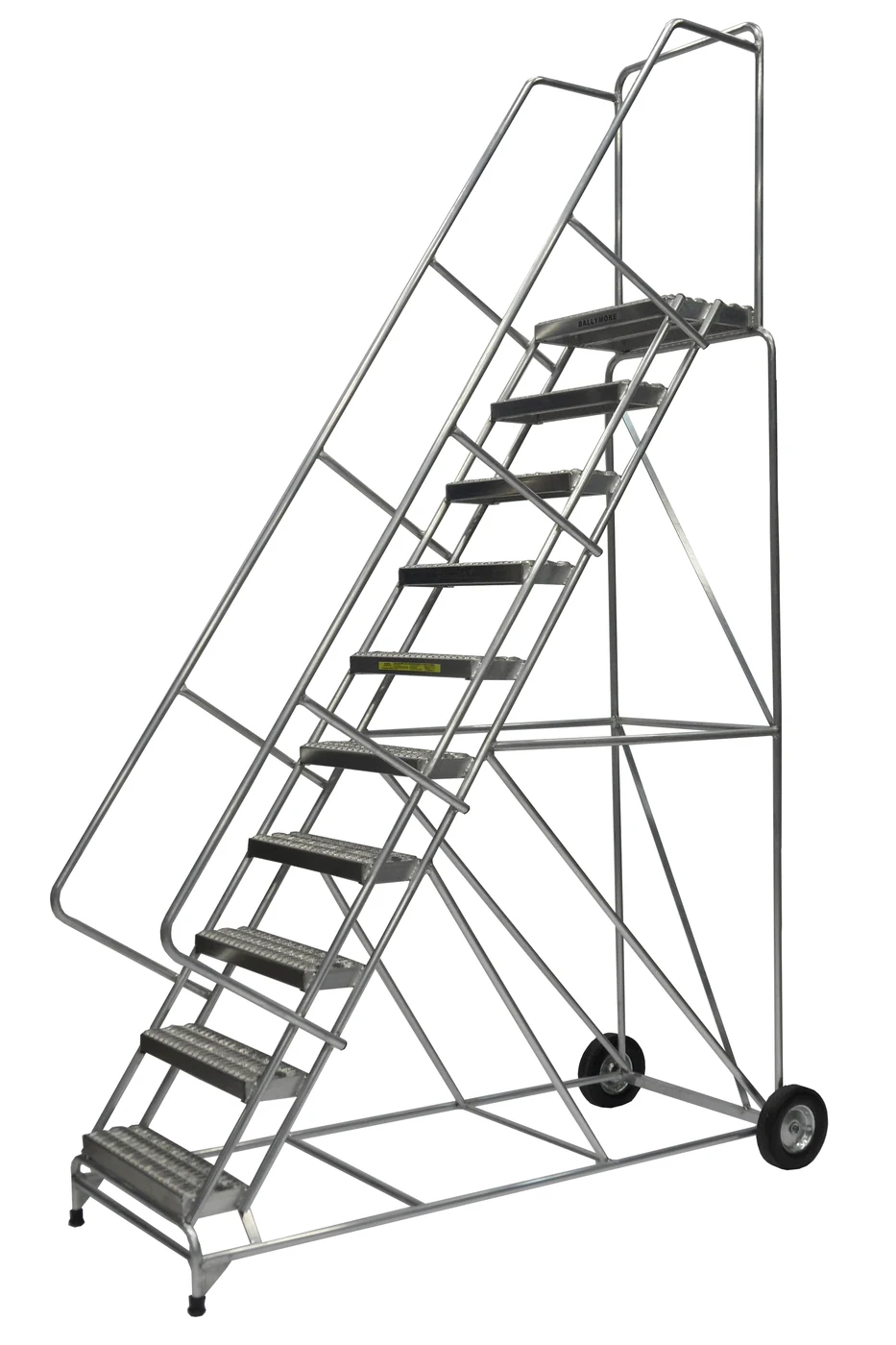 Ballymore 10-Step Aluminum Rolling Ladder, 36" base, 14" top step, 18" wide steps
