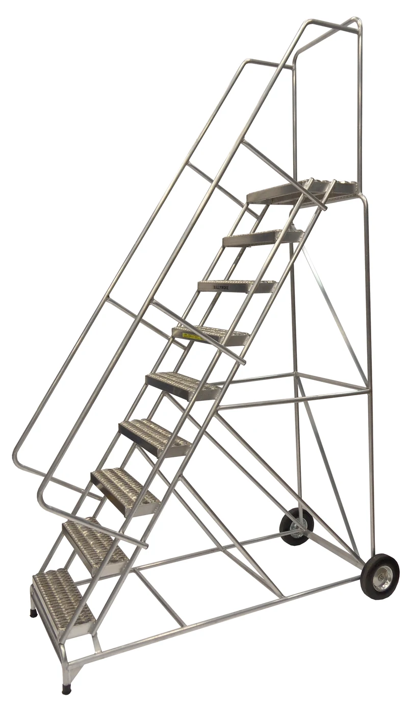 Ballymore 9-Step Aluminum Rolling Ladder, 36" base, 14" top step, 24" wide steps