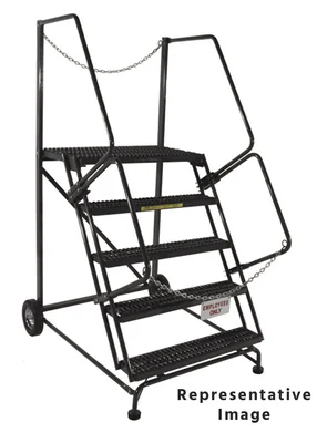 Ballymore Truck & Dock Access 50° Stairway Slope 5-Step Rolling Ladder, CAL-OSHA, 32" base, 21" top step, serrated tread