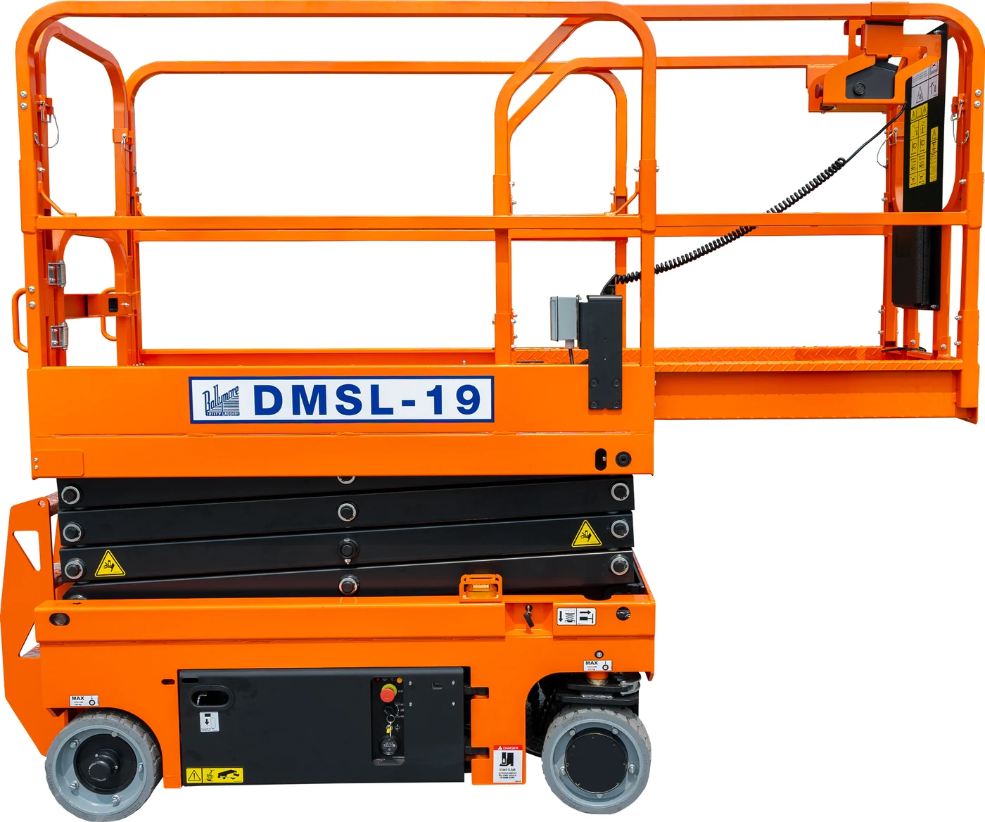 Ballymore Scissor Lift, drivable, 19 ft platform height, 36" long platform, 500 lb capacity
