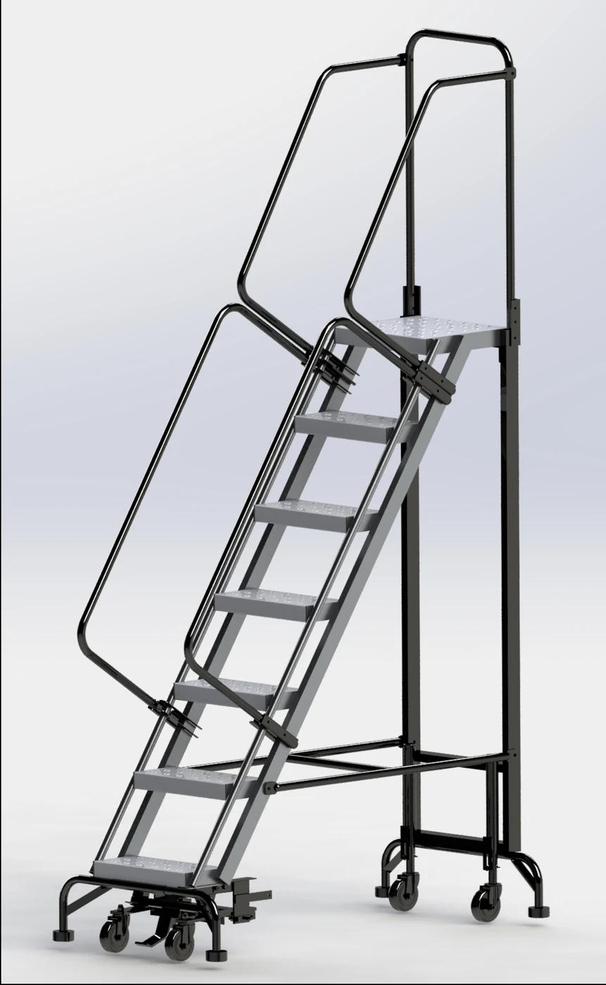 Ballymore Hybrid 7-Step Aluminum Rolling Ladder, 28" base, 14" top step, 16" wide steps, 450 lb capacity, perforated tread