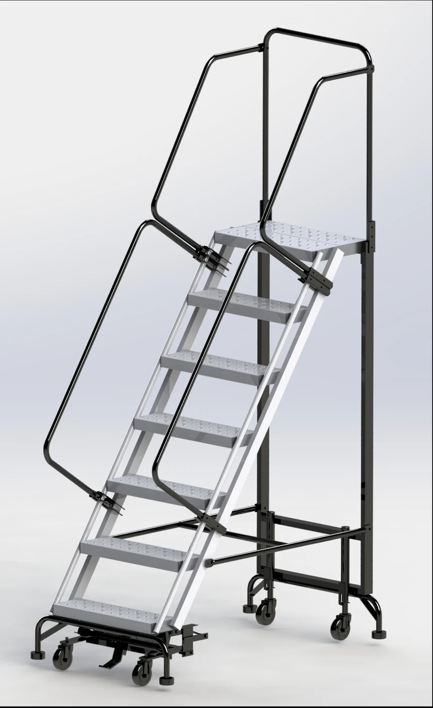 Ballymore Hybrid 7-Step Aluminum Rolling Ladder, 34" base, 14" top step, 24" wide steps, 450 lb capacity, perforated tread