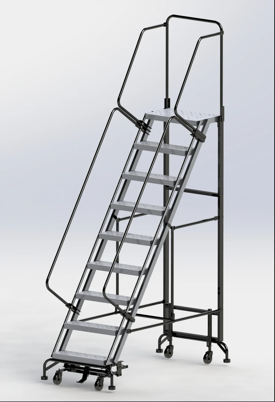 Ballymore Hybrid 9-Step Aluminum Rolling Ladder, 34" base, 14" top step, 24" wide steps, 450 lb capacity, perforated tread