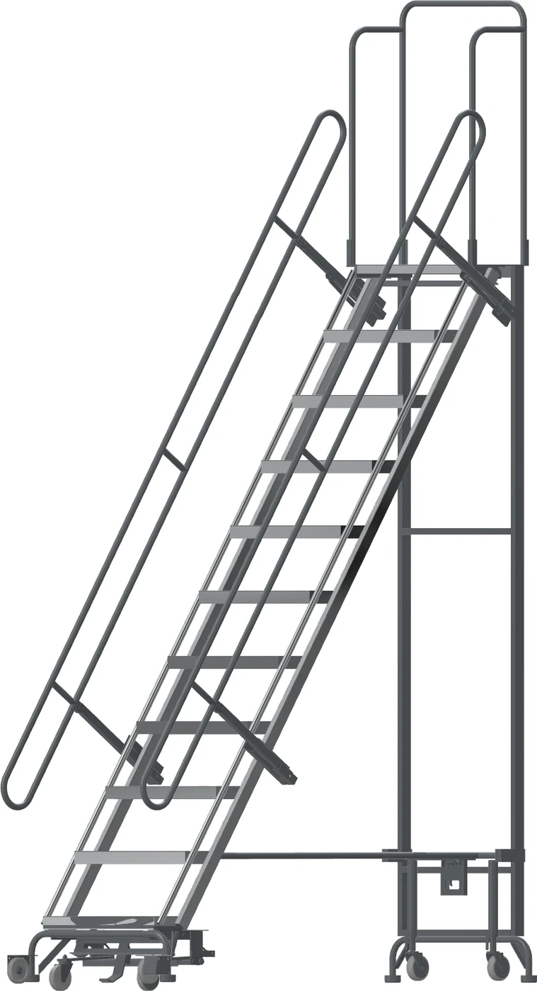 Ballymore Hybrid All-Directional 11-Step Aluminum Rolling Ladder, 34.5" base, 110" top step, 450 lb capacity, perforated tread