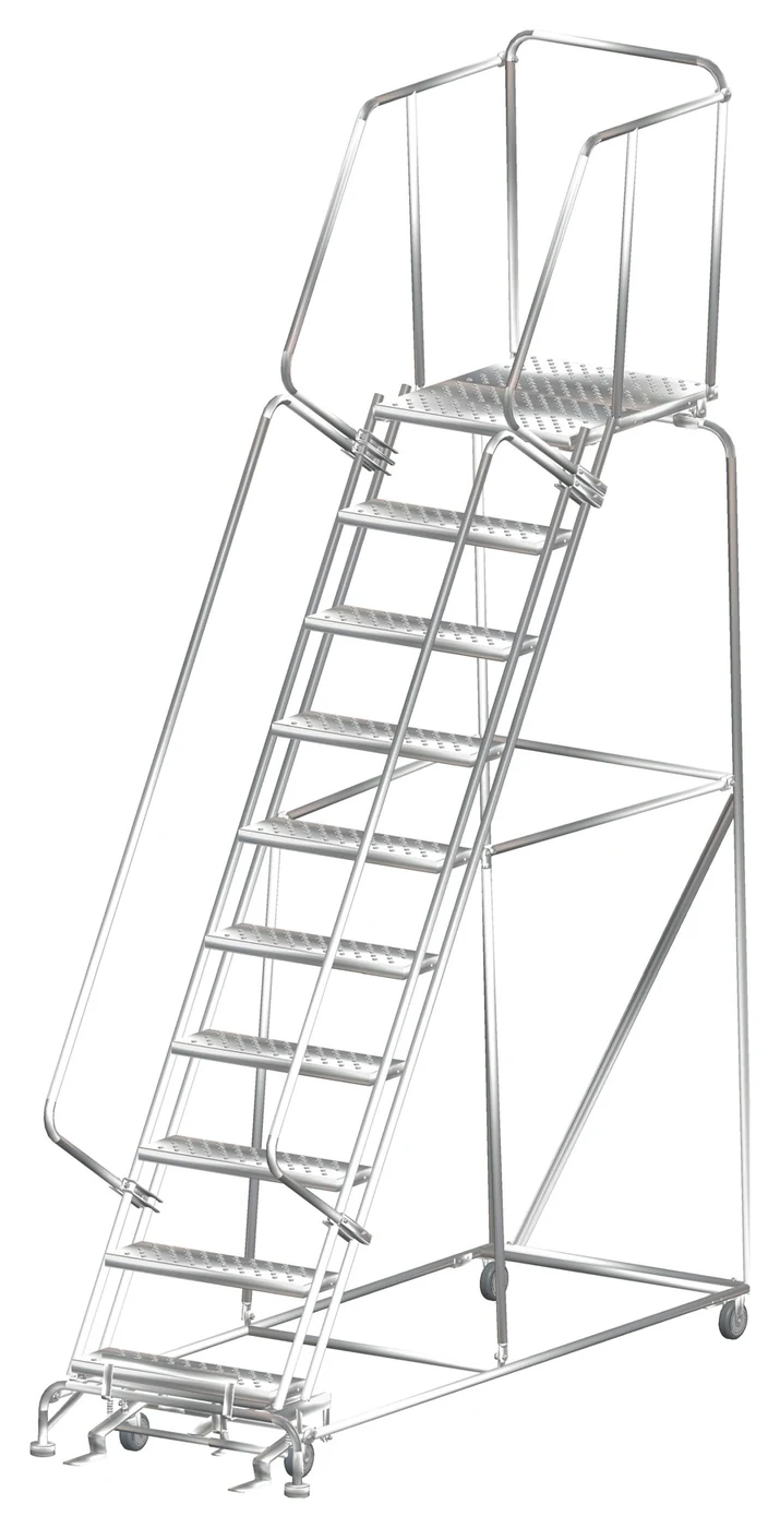 Ballymore 10-Step Stainless Steel Rolling Ladder, 32" base, 28" top step