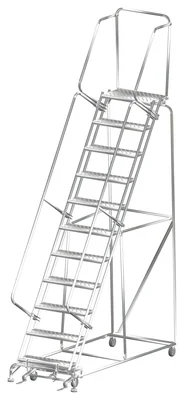 Ballymore 11-Step Stainless Steel Rolling Ladder, 32" base, 14" top step