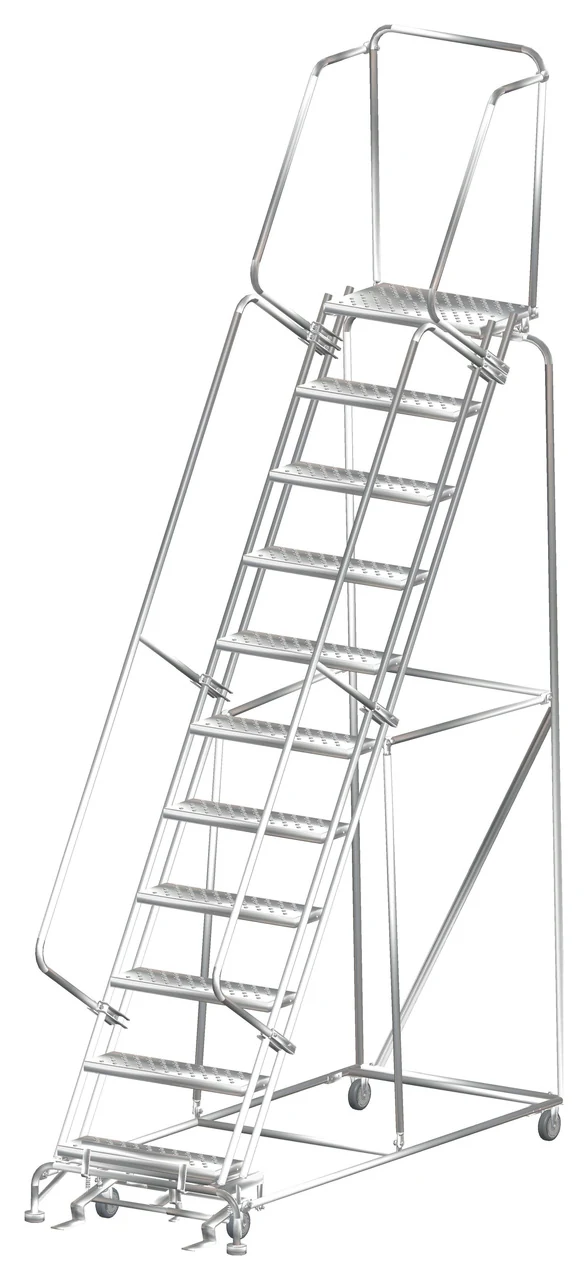 Ballymore 11-Step Stainless Steel Rolling Ladder, 32" base, 14" top step