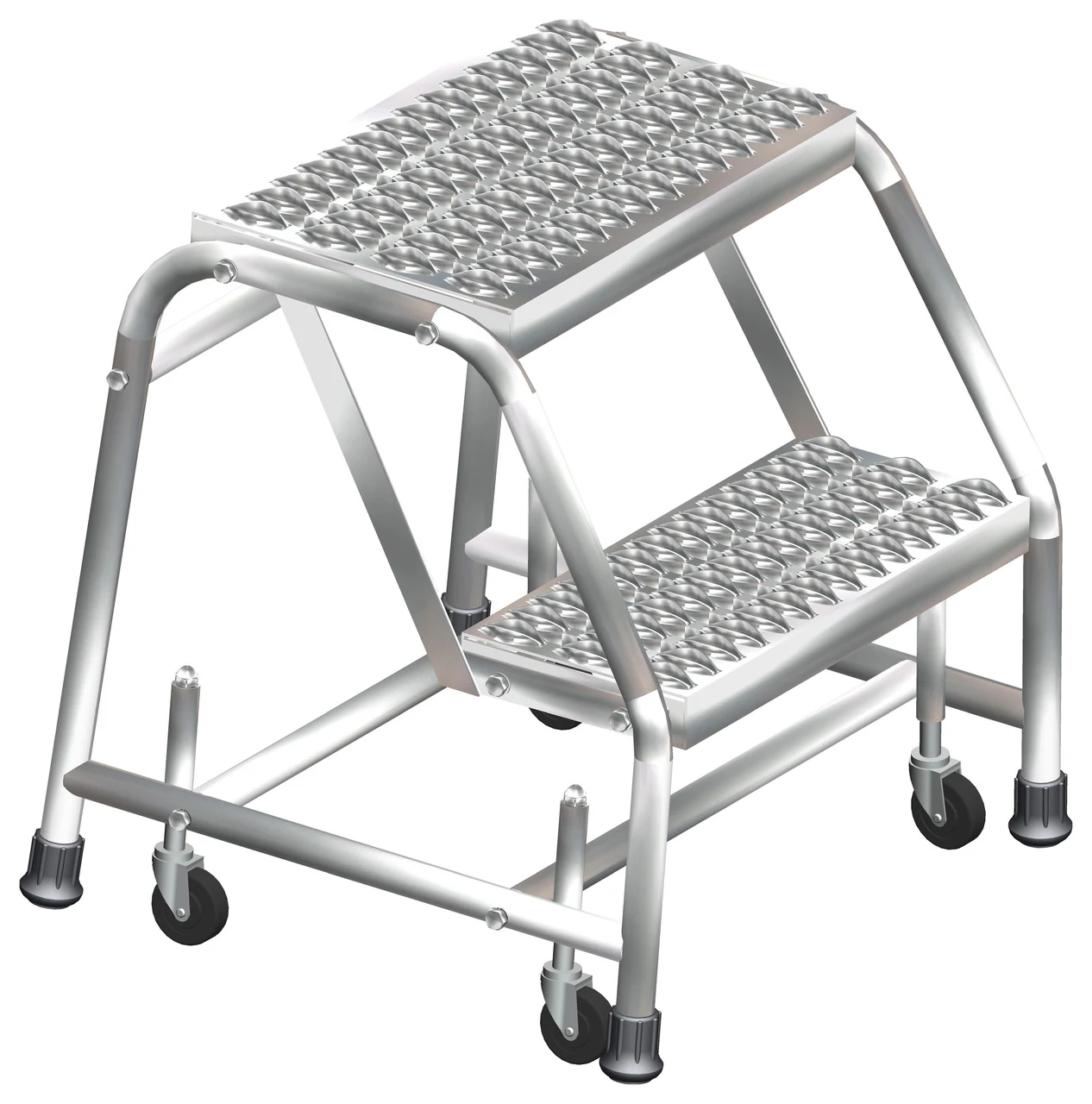 Ballymore 2-Step Stainless Steel Rolling Ladder, 20" base, 10" top step, no handrails, serrated tread