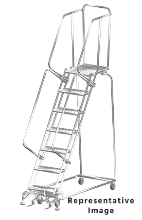 Ballymore Spring-Loaded Caster 7-Step Stainless Steel Rolling Ladder, 24" base, 28" top step