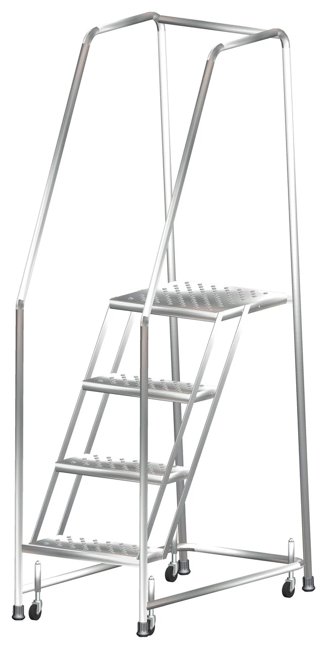Ballymore Spring-Loaded Caster 7-Step Stainless Steel Rolling Ladder, 24" base, 14" top step