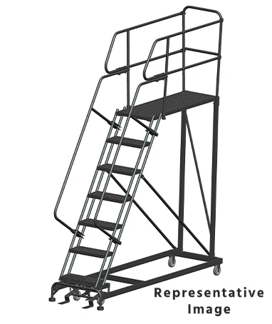 Ballymore 50° Stairway Slope 7-Step Single Entry Work Platform, 33" base, 60" long platform, with handrails, serrated tread