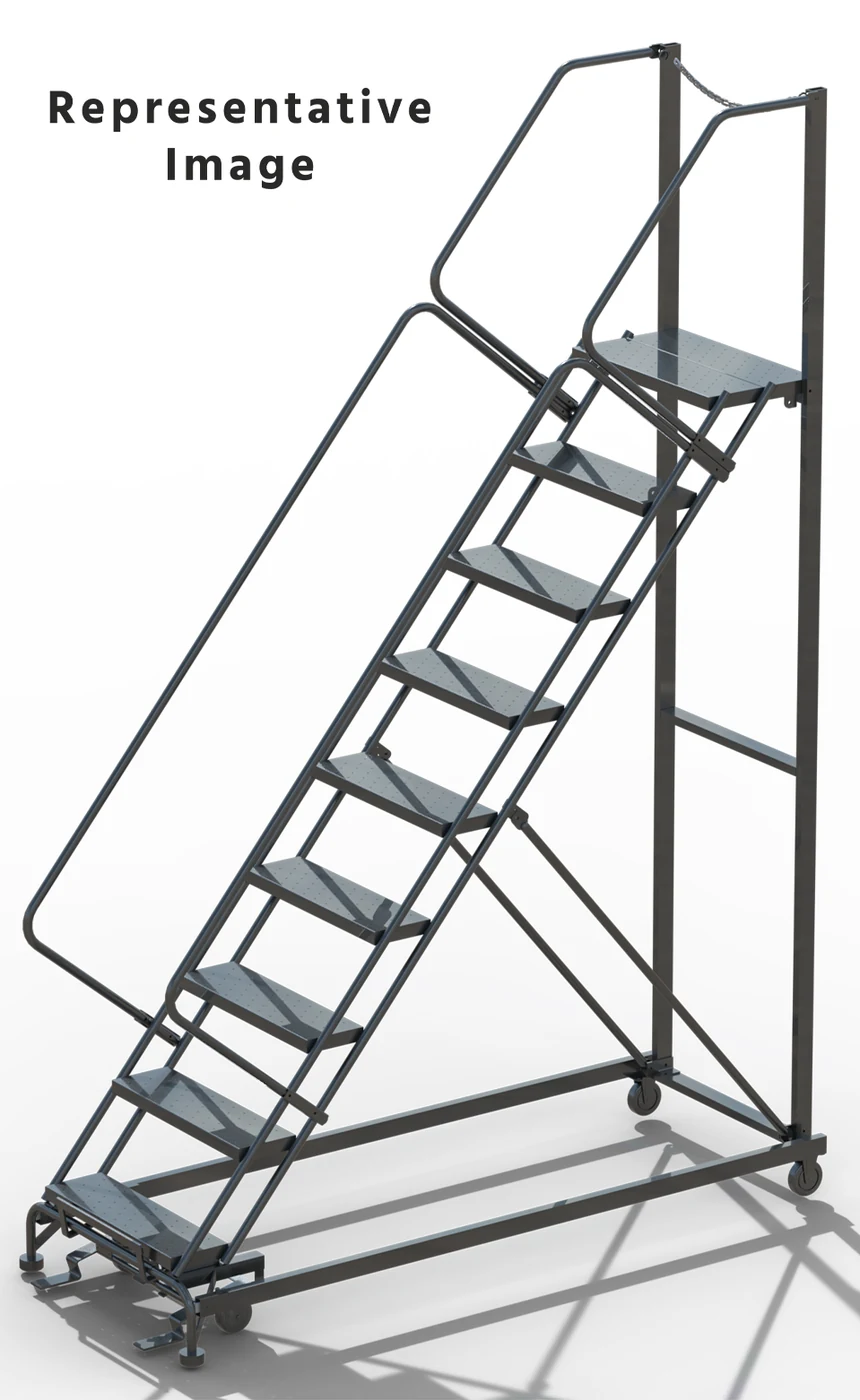 Ballymore 50° Stairway Slope 12-Step Rolling Exit Ladder, 32" base, 14" top step, expanded metal tread, rear exit