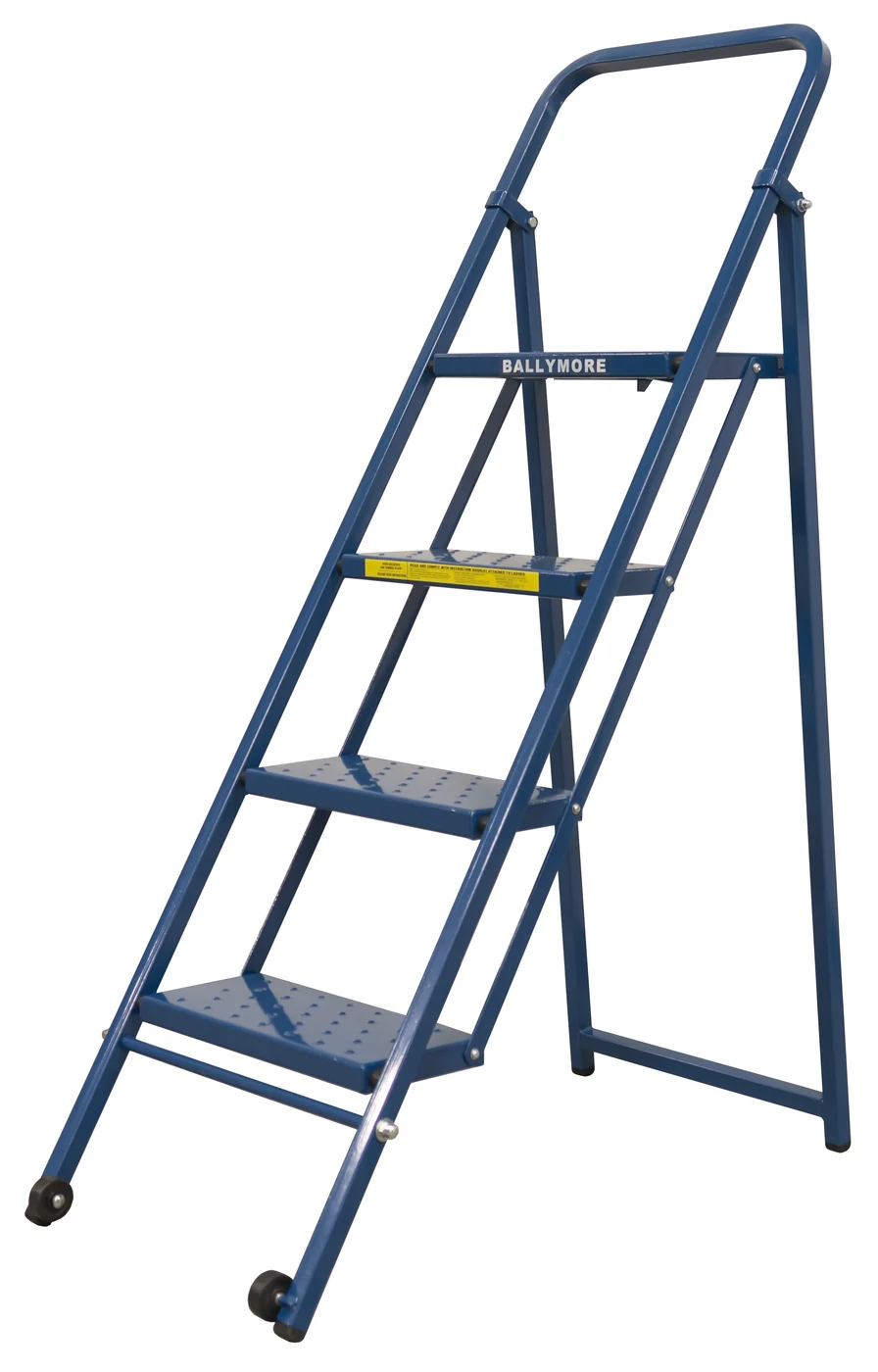 Ballymore Thin Line 50° Stairway Slope 4-Step Rolling Ladder, 21" base, 10" top step, perforated tread