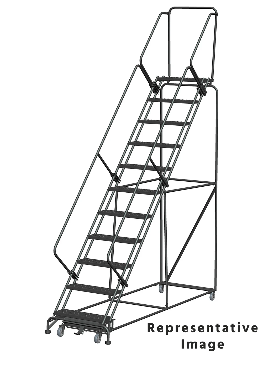 Ballymore Weight-Actuated 50° Stairway Slope 11-Step Rolling Ladder, 32" base, 14" top step