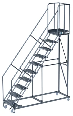 Ballymore Work Titan Heavy-Duty 10-Step Rolling Ladder, 32" base, 21" top step, 800 lb capacity, perforated tread