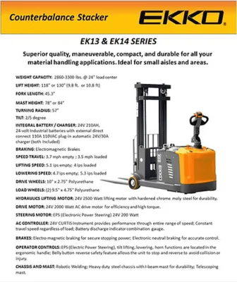 EKKO EK13-138 Counterbalance Walkie Stacker