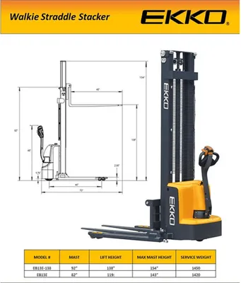 The EKKO EB13E Electric Straddle Stacker is designed with the combination of the versatility of a forklift, reach truck and a walkie stacker. It is ideal for loading and unloading trucks, loading docks, stock rooms, manufacturing floors and warehousing.      Made from high quality steel and components with durable quality drives to withstand any terrain, usage, impact and directional changes for the use of any application with confidence and assurance.         Load Capacity 2800 lb Raised Height 119” Adjustable Forks 8.3-33.5“ Adjustable Legs 45.7-59.1” Fork Length 45.3“ Curtis Instrument Controller 24V Center Drive Motor 24V Lift Motor Battery 2*12V/100Ah Polyurethane Wheels Ergonomic Handle and Controls Steel Construction Robotic Welding 3 Year Limited Warranty EKKO EB13E Full Powered Straddle Stacker