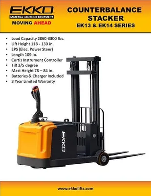 EKKO Lifts EK14-130 pallet stacker shown from an alternate angle