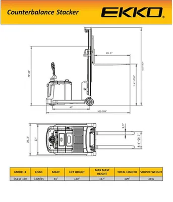 EKKO EK14S-130 Electric Counterbalanced Walkie Stacker