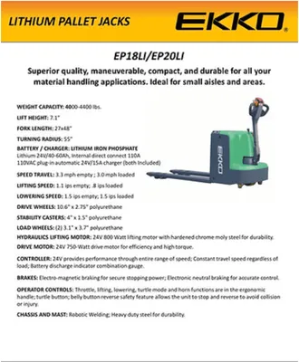 EKKO EP20LI Lithium Iron Phosphate Electric Pallet Jack