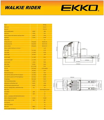 The EKKO EPC30A Center-Controlled Rider Pallet Jack is designed with the versatility of a pallet jack with full power lifting and driving capabilities. It is ideal for long hauls, loading and unloading trucks, loading docks, stock rooms, manufacturing floors and warehousing.      Made from high quality steel and components with durable quality drives to withstand any terrain, usage, impact and directional changes for the use of any application with confidence and assurance.      CLICK for BROCHURE     Load Capacity 5000lbs.  Fork Size 27x45 Raised Height 7.88" Lowered Height 3.35" Curtis Controller ZF German AC Driver Motor Polyurethane Wheels Steel Entry Wheels Ergonomic Handle and Controls Steel Construction Robotic Welding Charger Included Battery 24V/360Ah Included 3 Years Limited Warranty EKKO EPC30A Center-Controlled Rider Pallet Jack