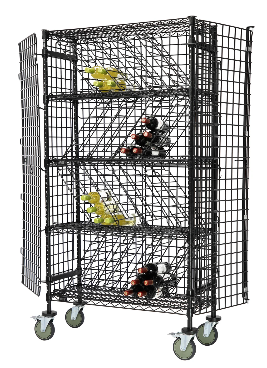 Quantum 1436-74MIXSECBK Stationary Mixed Wine Security Unit, 36"W x 14"D x 74"H, Black — in use