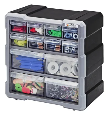 Quantum PDC-18BK Plastic Drawer Cabinet, 6-1/4"L x 15"W x 18-3/4"H, Black/Gray