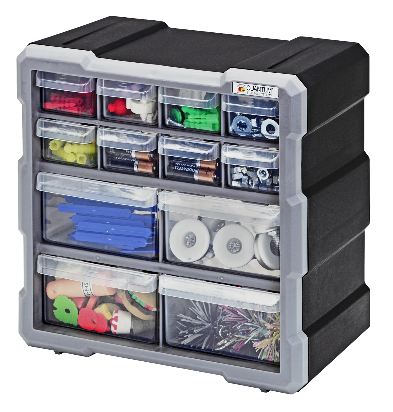 Quantum PDC-18BK Plastic Drawer Cabinet, 6-1/4"L x 15"W x 18-3/4"H, Black/Gray — in use