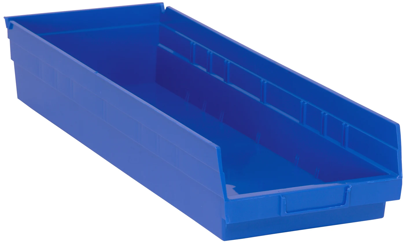 Quantum QSB114BLCS Economy Shelf Bin, 23-5/8"D x 8-3/8"W x 4"H, 35 lb capacity, Blue, Case of 6
