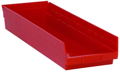 Quantum QSB114RDCS Economy Shelf Bin, 23-5/8"D x 8-3/8"W x 4"H, 35 lb capacity, Red, Case of 6