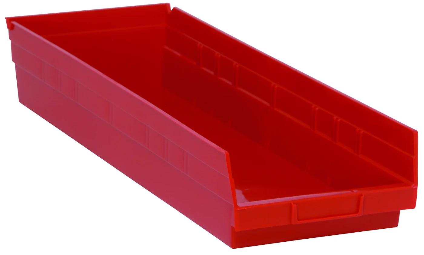 Quantum QSB114RDCS Economy Shelf Bin, 23-5/8"D x 8-3/8"W x 4"H, 35 lb capacity, Red, Case of 6