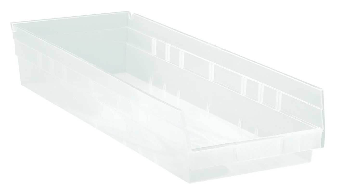 Quantum QSB114CLCS Economy Shelf Bin, 23-5/8"D x 8-3/8"W x 4"H, 35 lb capacity, Clear, Case of 6