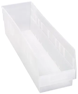 Quantum QSB206CLCS Economy Shelf Bin, 6-5/8"W x 23-5/8"L x 6"H, 45 lb capacity, Clear, Case of 8