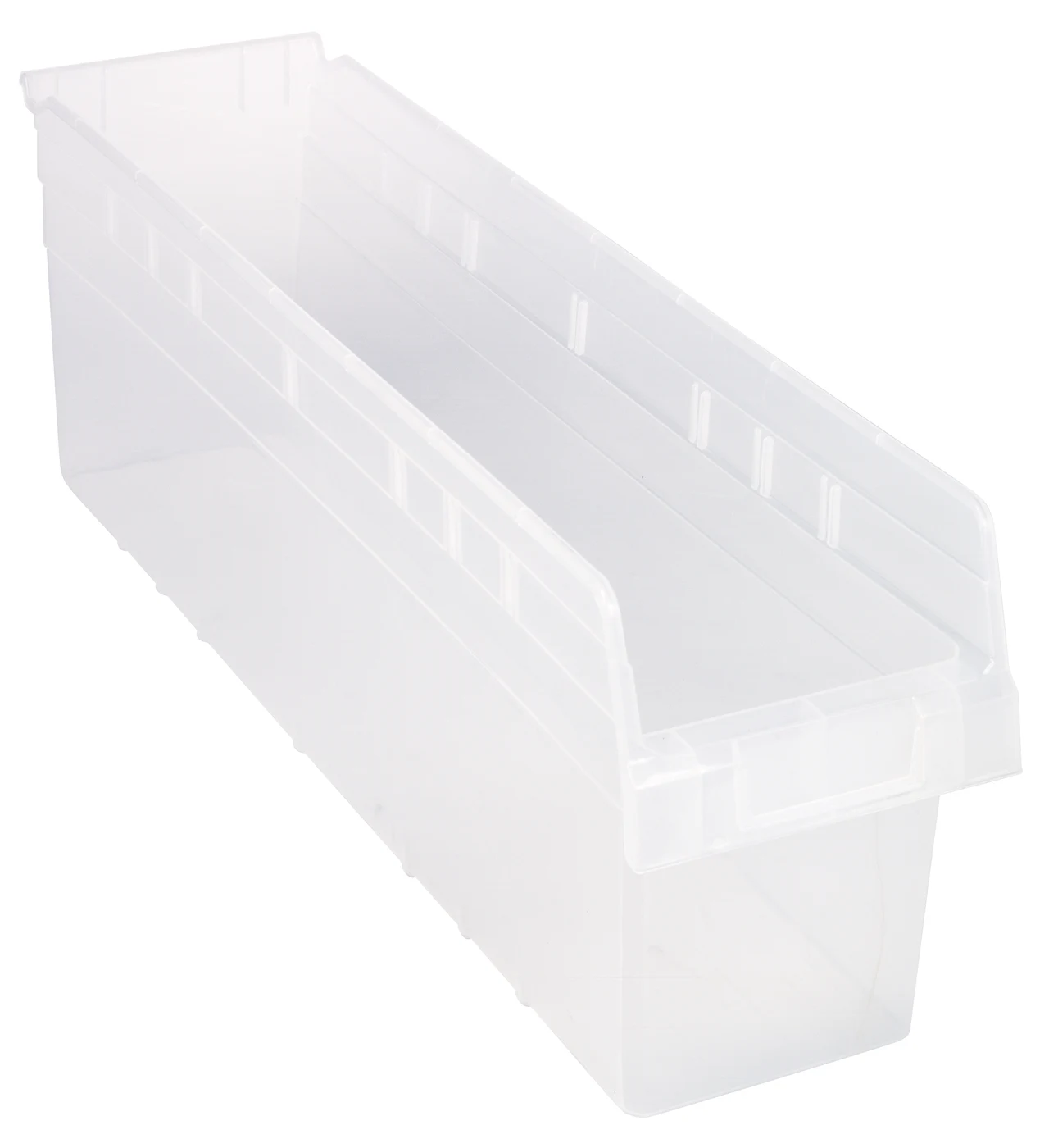 Quantum QSB806CLCS Economy Shelf Bin, 6-5/8"W x 23-5/8"L x 8"H, Clear, Case of 8