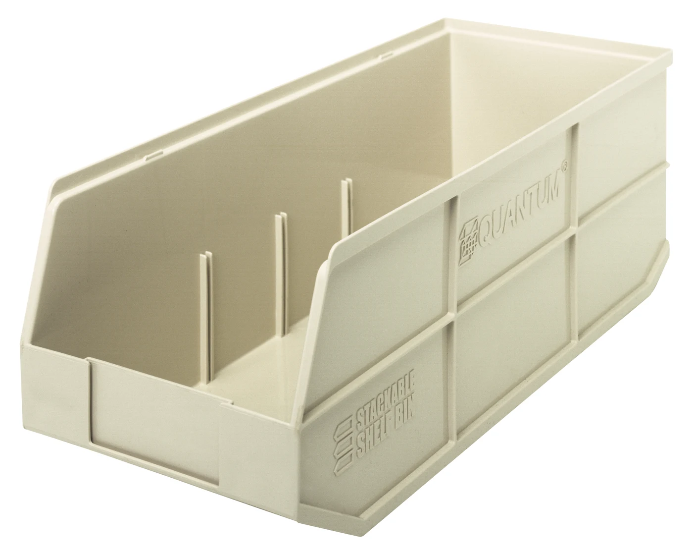 Quantum SSB483IVCS Stackable Shelf Bin, 8-1/4"W x 20-1/2"D x 7"H, Ivory, Case of 6