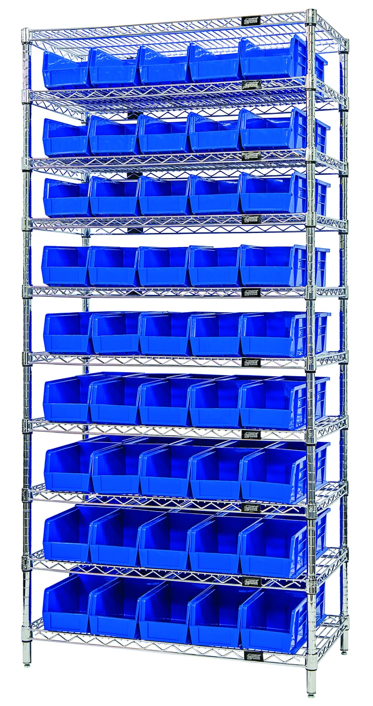 Quantum WR10-221BL Bin Wire Shelving System, 36"D x 18"W x 74"H, 800 lb capacity, Chrome