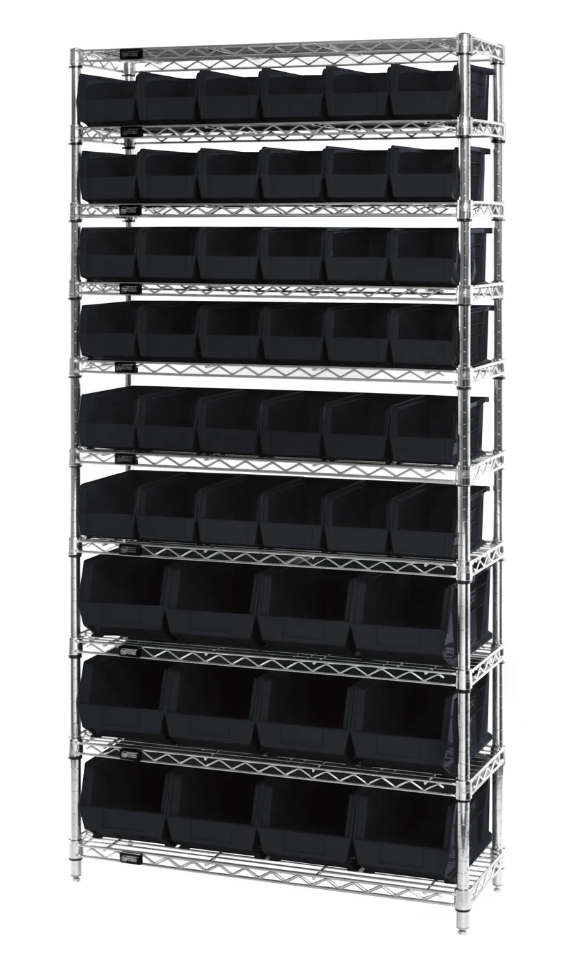 Quantum WR10-230240BK Stationary Bin Wire Shelving System, 36"D x 14"W x 74"H, 800 lb capacity, Chrome