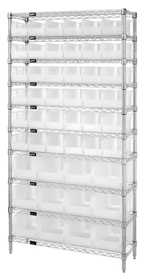 Quantum WR10-230240CL Stationary Bin Wire Shelving System, 36"D x 14"W x 74"H, 800 lb capacity, Chrome