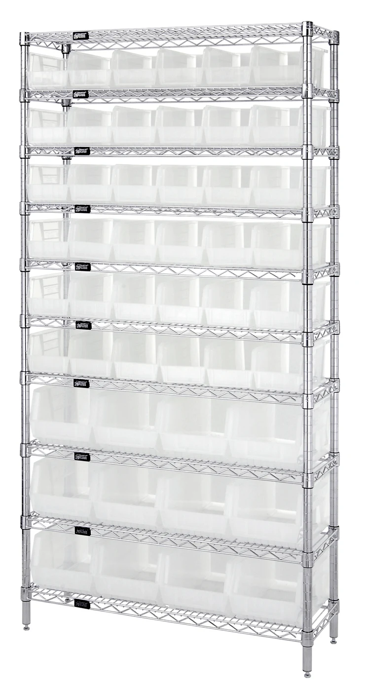 Quantum WR10-230240CL Stationary Bin Wire Shelving System, 36"D x 14"W x 74"H, 800 lb capacity, Chrome