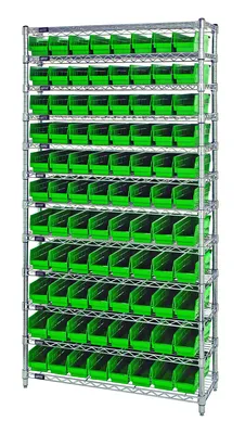 Quantum WR12-101GN Bin Wire Shelving System, 36"D x 12"W x 74"H, 800 lb capacity, Chrome