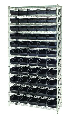 Quantum WR12-102BK Bin Wire Shelving System, 36"D x 12"W x 74"H, 800 lb capacity, Chrome