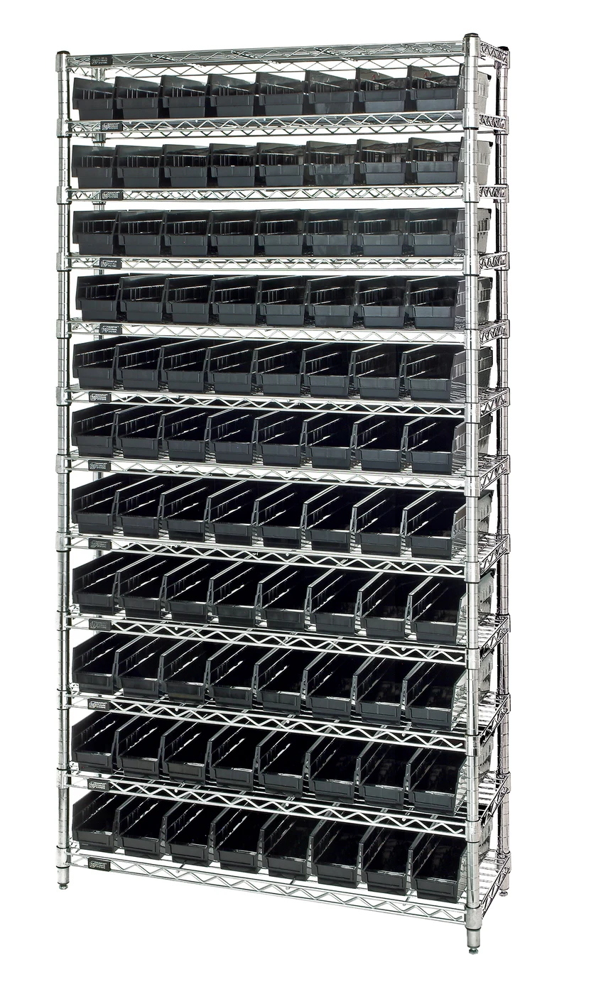 Quantum WR12-103BK Bin Wire Shelving System, 36"D x 18"W x 74"H, 800 lb capacity, Chrome