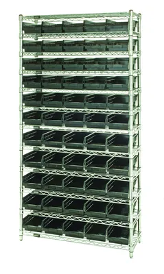 Quantum WR12-106BK Bin Wire Shelving System, 36"D x 24"W x 74"H, 800 lb capacity, Chrome