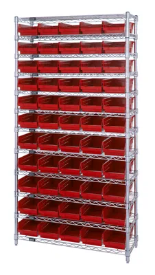 Quantum WR12-106RD Bin Wire Shelving System, 36"D x 24"W x 74"H, 800 lb capacity, Chrome